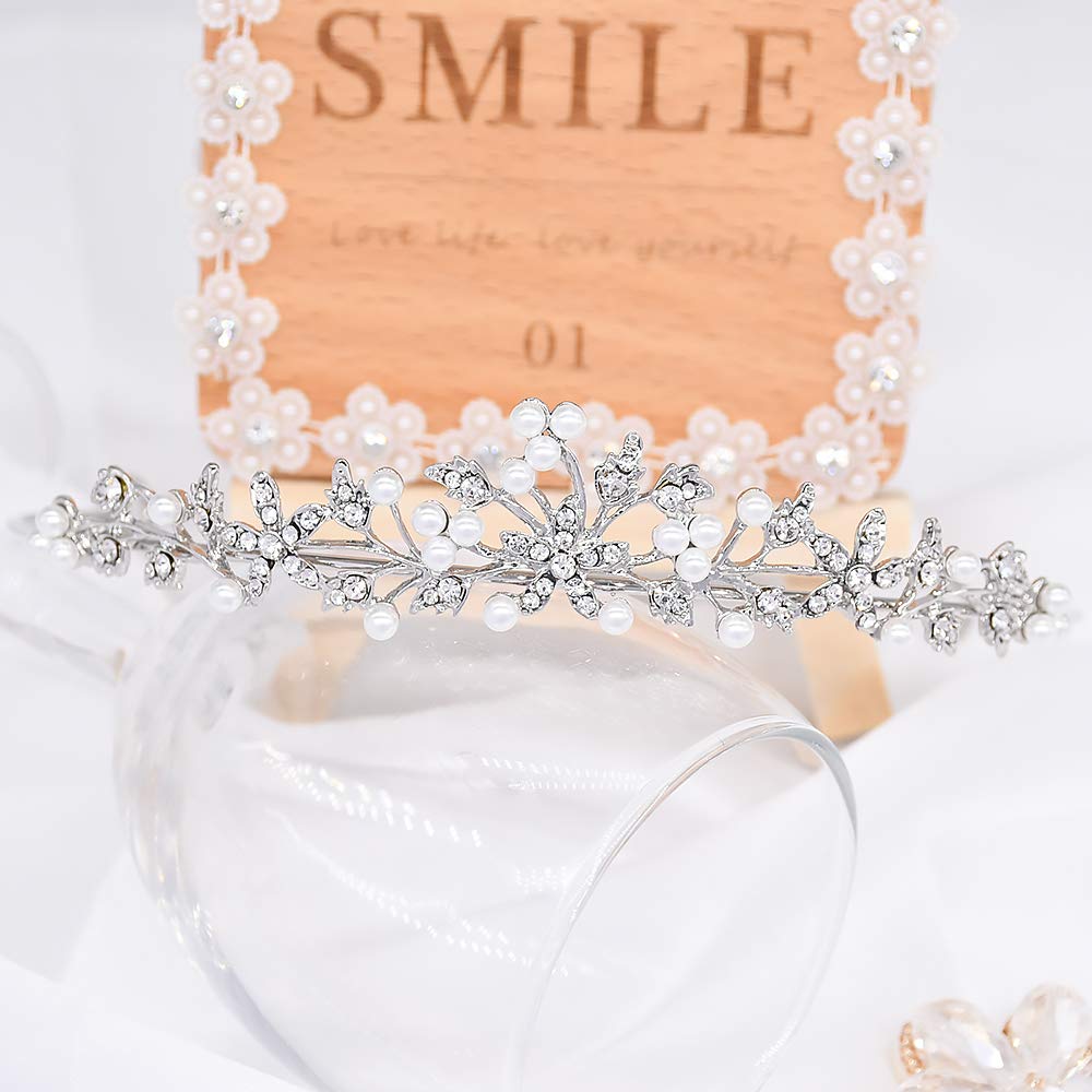 Flower Leaf Faux Pearl Rhinestone Crystal Bridal Tiara Crown Princess Headband For Wedding Prom Silver