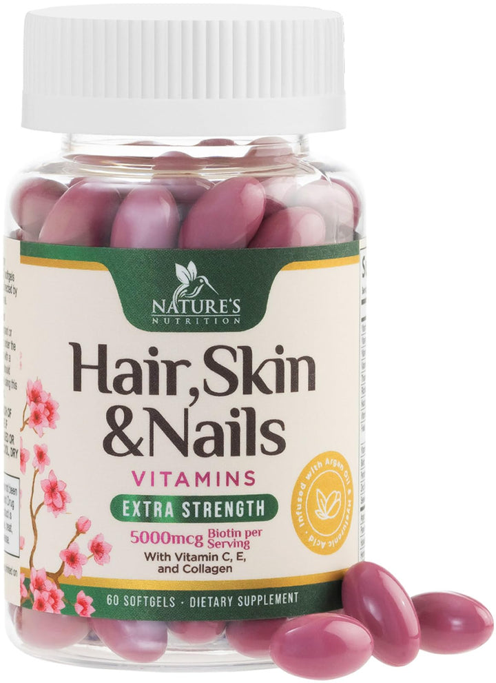 Hair Vitamins Women, Ultra Strength 5000mcg Biotin, Collagen, PABA & More - Womens Hair Growth, Skin, Nails & Keratin Support Supplement, Infused w/ Argan Oil & Hyaluronic Acid, Non-GMO - 60 Softgels