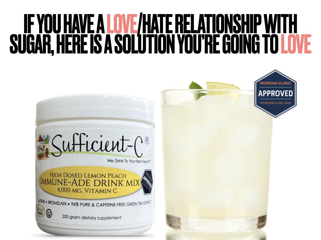 Sufficient-C High-Dosed 4000 mg. Vitamin C Lemon Peach Immune-Ade Drink Mix 250 gram Size - Refreshing with Generously Dosed L-lysine, Bromelain & 96% Pure, Caffeine-Free Green Tea Extract