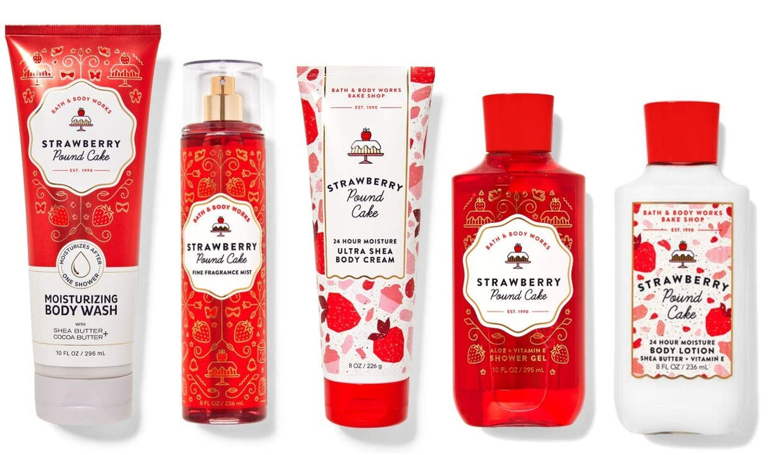 Bath & Body Works Skin Care Bundle Strawberry Pound Cake Wash Mist Cream Shower Gel and Lotion Full Size