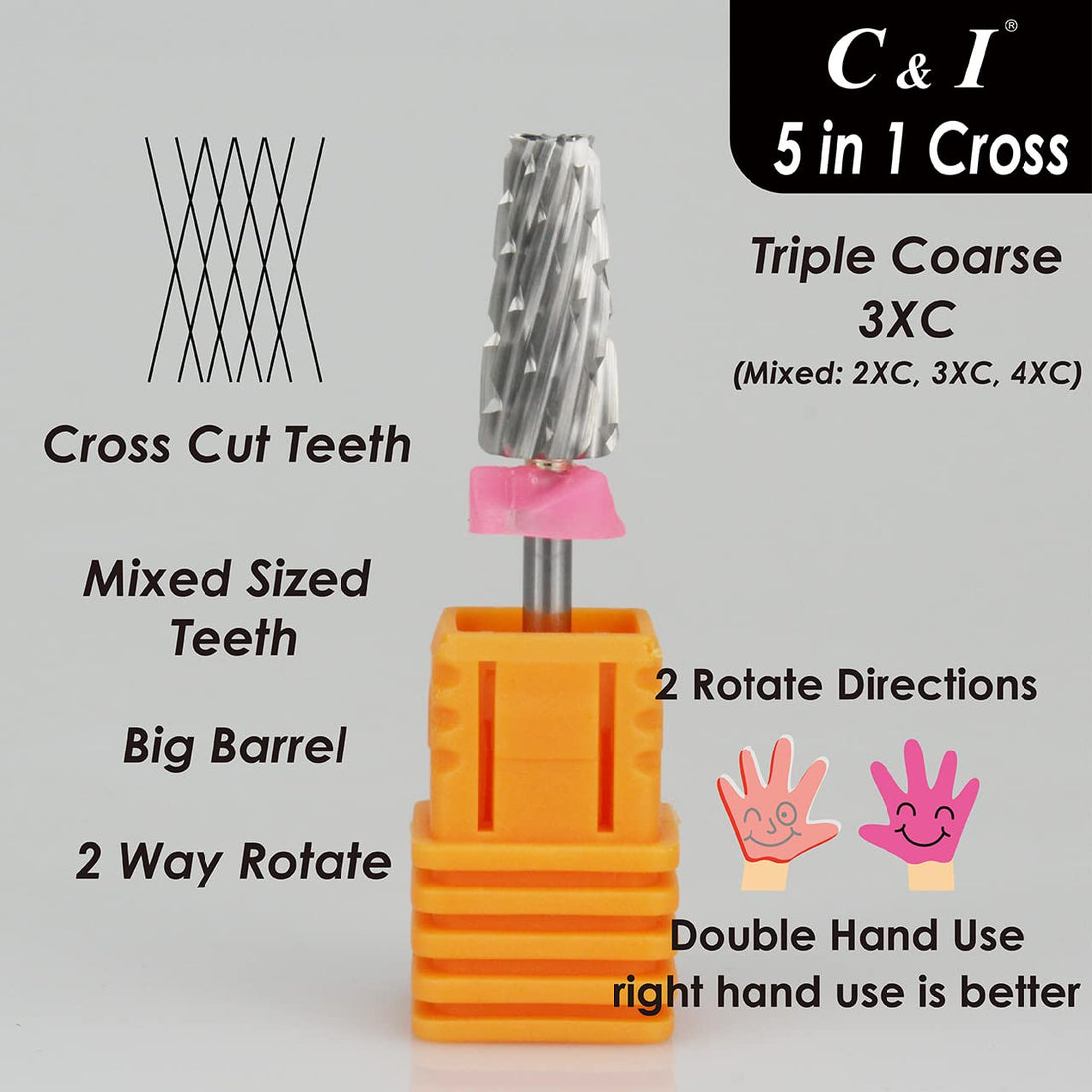C & I 5 in 1 Multi-function Tapered Shape Nail Drill, Cross Teeth Edition, Professional Drill Bit for Nail Manicure Machine (Double Fine - XXF)
