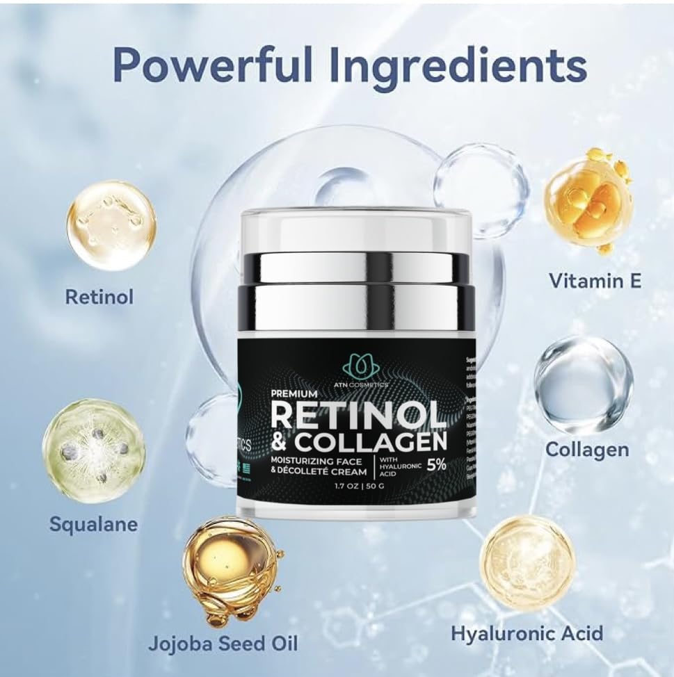 ATN Cosmetics Retinol Cream for Face & Neck, Collagen Moisturizer, Day & Night Cream for Women & Men, Anti Aging, Wrinkle Cream with Hyaluronic Acid, Made in USA