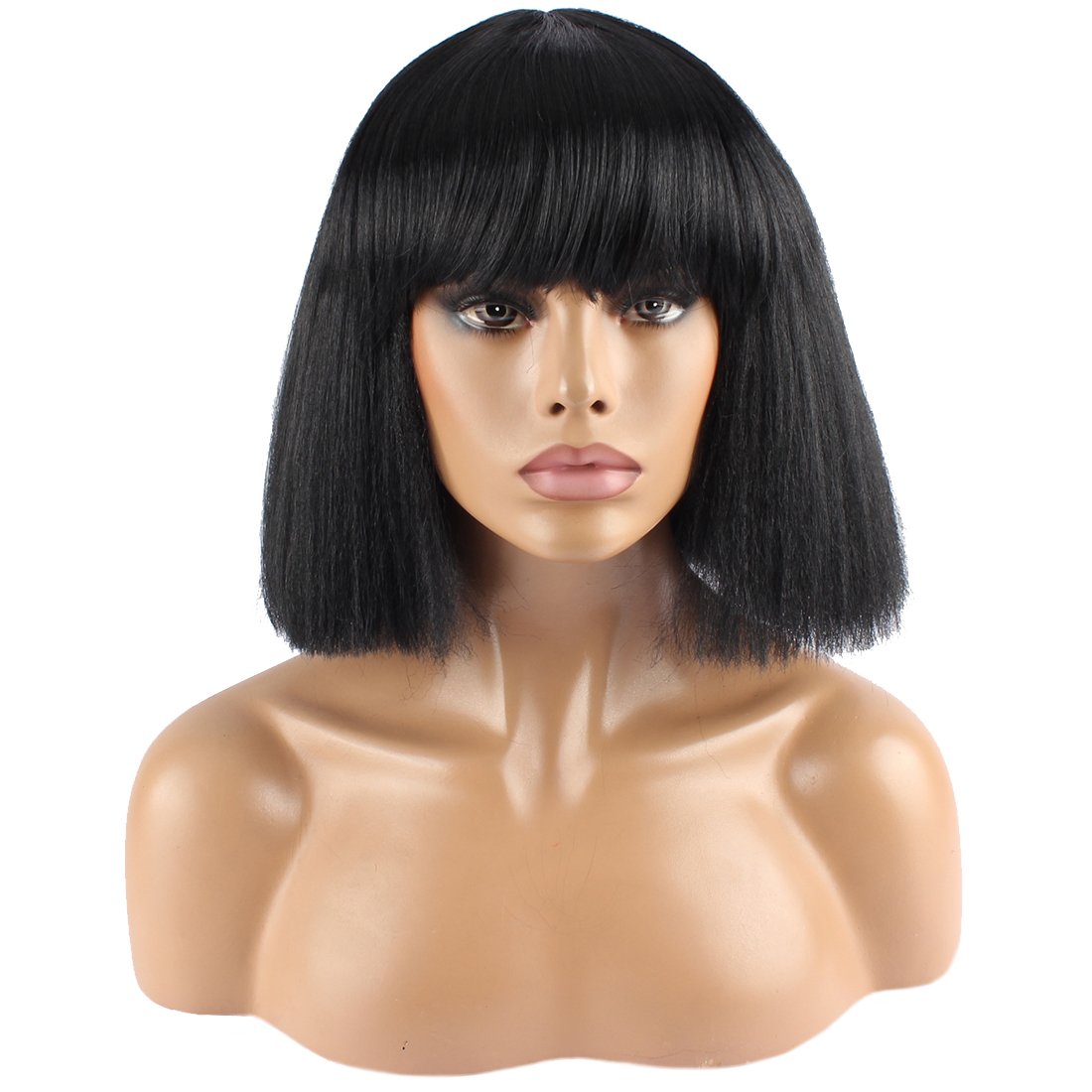 Generic Fashion Wig Womens Short Bob Kinky Straight Full Bangs Synthetic Hairpieces Black
