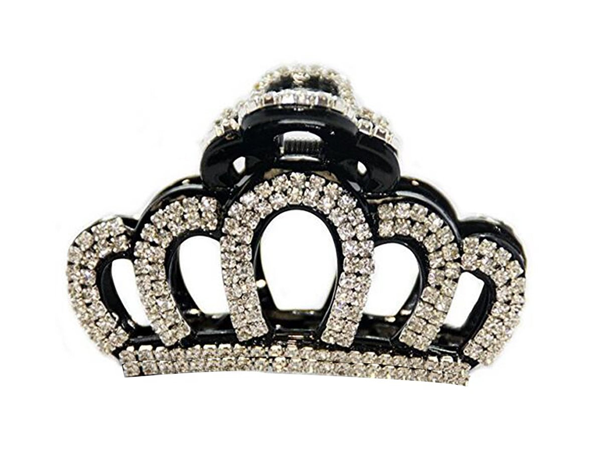 Women Elegant Crown Shape Large Rhinestone Crystal Hair Clip Jaw Clip Lady Hairpin Hair Claw Hair Accessories (Black)