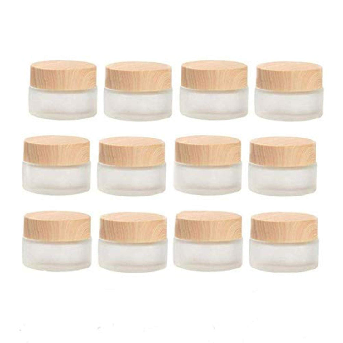 Healthcom 12 Packs 1 Oz Empty Jars 30ml Round Frosted Glass Cream Jar Bottles Holder with Wood Grain Lids Refillable Case Vial Pot Cosmetic Container Glass Bottles for Lotion Face Lip Balm Eye Cream