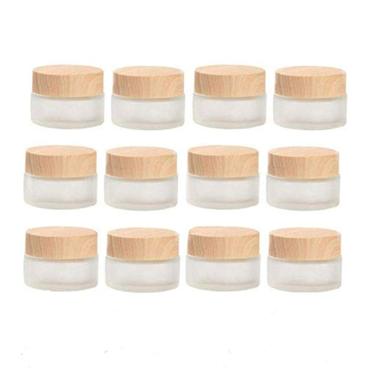 Healthcom 12 Packs 1 Oz Empty Jars 30ml Round Frosted Glass Cream Jar Bottles Holder with Wood Grain Lids Refillable Case Vial Pot Cosmetic Container Glass Bottles for Lotion Face Lip Balm Eye Cream