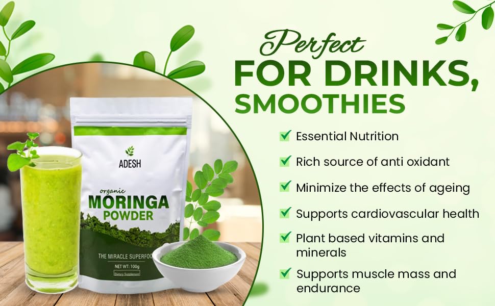 Adesh Organic Moringa Powder 16g|100% Pure Moringa Leaf Powder |Non GMO, Metabolism & Immune Support. Perfect for Smoothies and Drinks. Pure Supergreen, Vegan Greens, and Nature's Multivitamin (1lb)