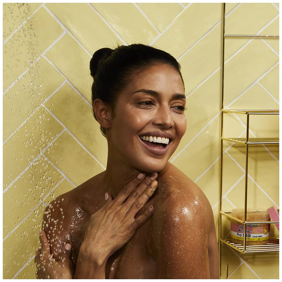 Soap & Glory The Real Zing Body Scrub - Smoothing & Buffing Sugar Scrub - Lemon Citrus Scented Body Polish - Skin Brightening Sea Salt Scrub (300ml)