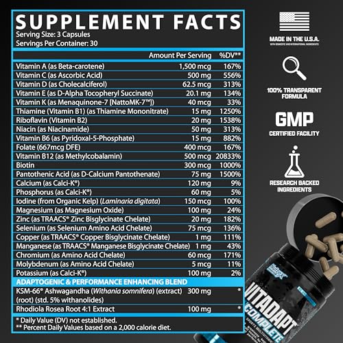 Nutrex Research Vitadapt Complete Sports Multivitamin for Men - 24 Vitamins, KSM-66 Ashwagandha and Minerals for Athletes - Mens Multivitamin (90 Capsules)