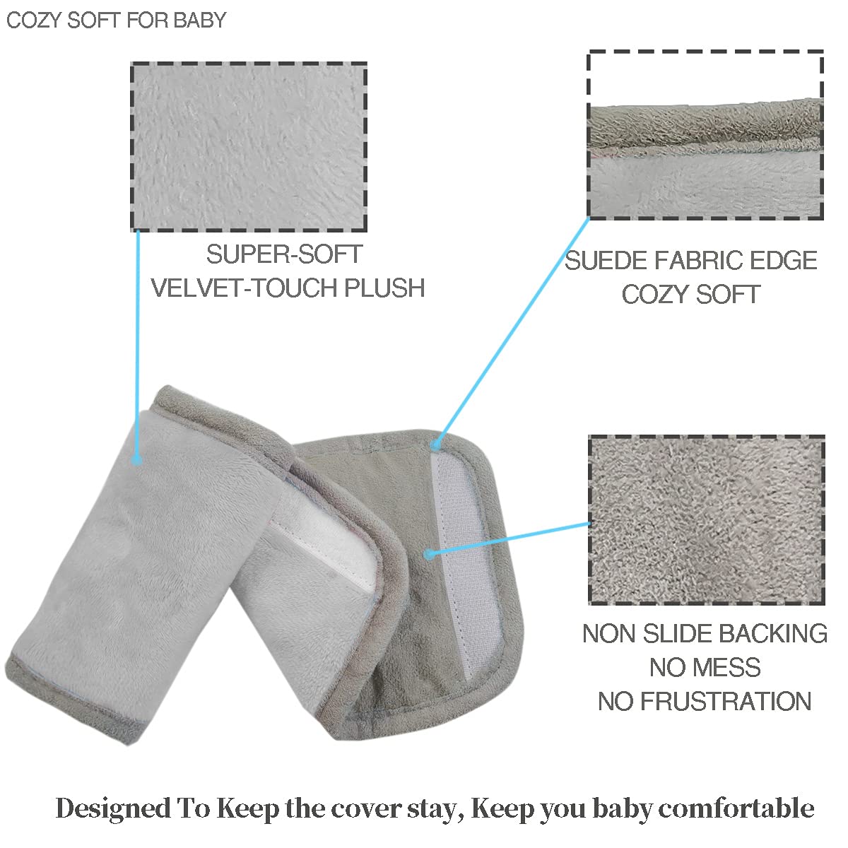 Car Seat Strap Covers for Baby Kids, Seat Belt Covers Strap Pads Cushion for boy Girl, Protect Neck and Shoulder rubbing, Anti-Slip Design, Universal for Stroller/Carrier/Pushchair Grey