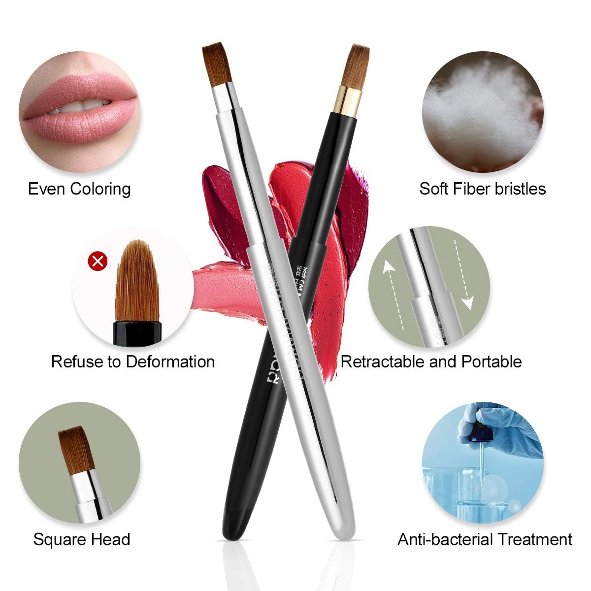 Rownyeon Travel Retractable Lip Brush Applicators Flat for Lipstick Gloss Creams Portable with Cap, Professional Makeup Brush for Women Girls As Christmas Gift and Halloween Makeup Tools Silver