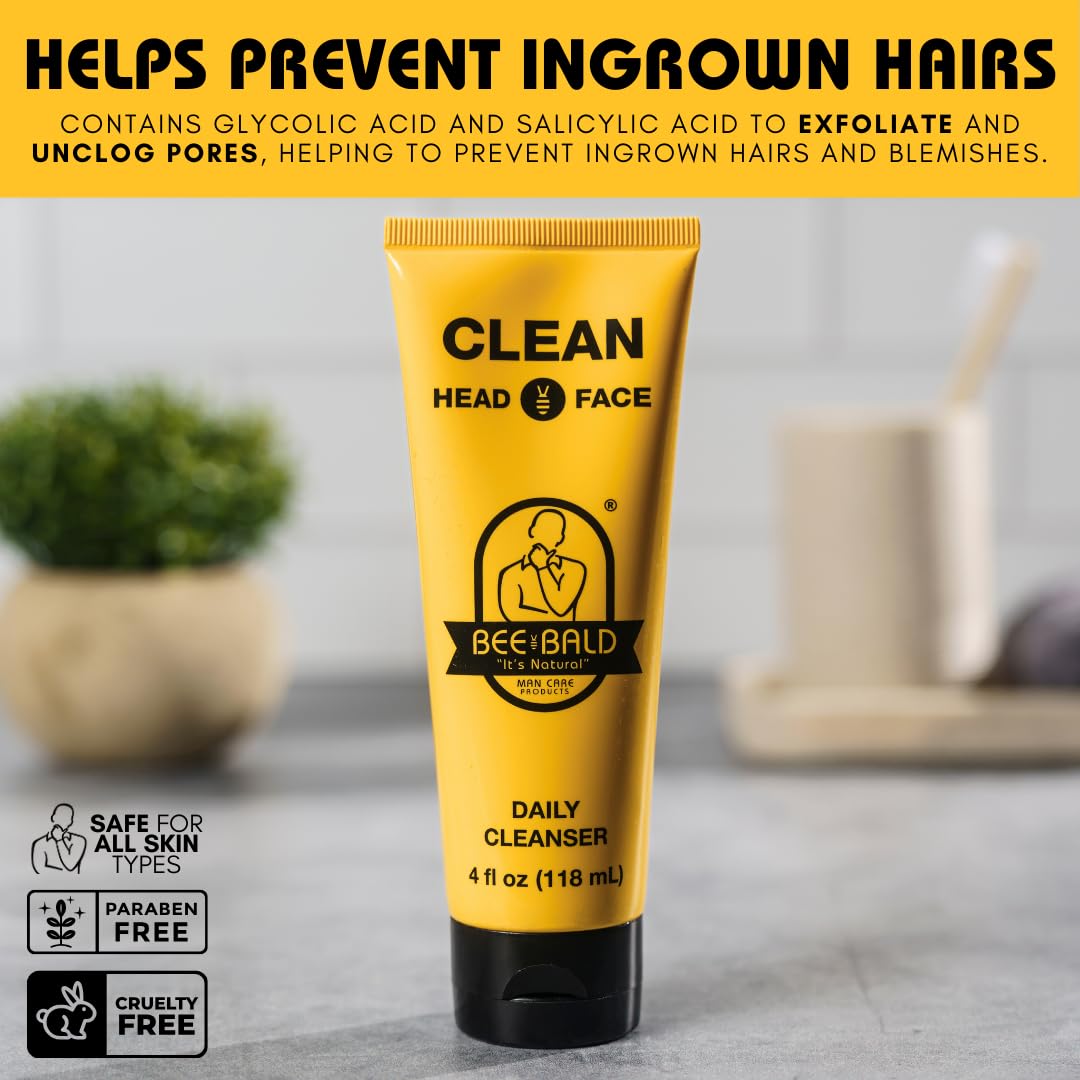 Bee Bald CLEAN Daily Cleanser for Face and Head, Premium Facial Cleanser for Men and Women, Refreshes and Thoroughly Cleans (4 fl Oz)
