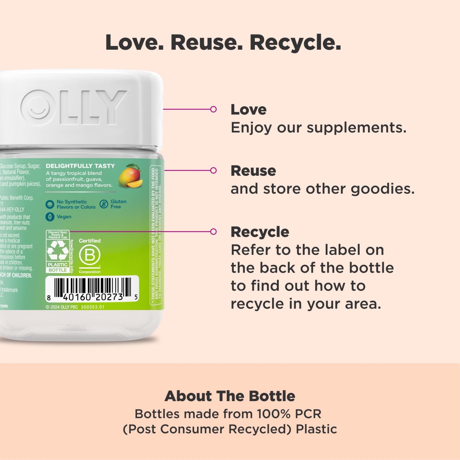 OLLY Energized Thinker Brainy Chews, 70mg of Caffeine, Vitamin B12 & Omega-3, Energy Supplement, Tropical, Vegetarian, 20 Count