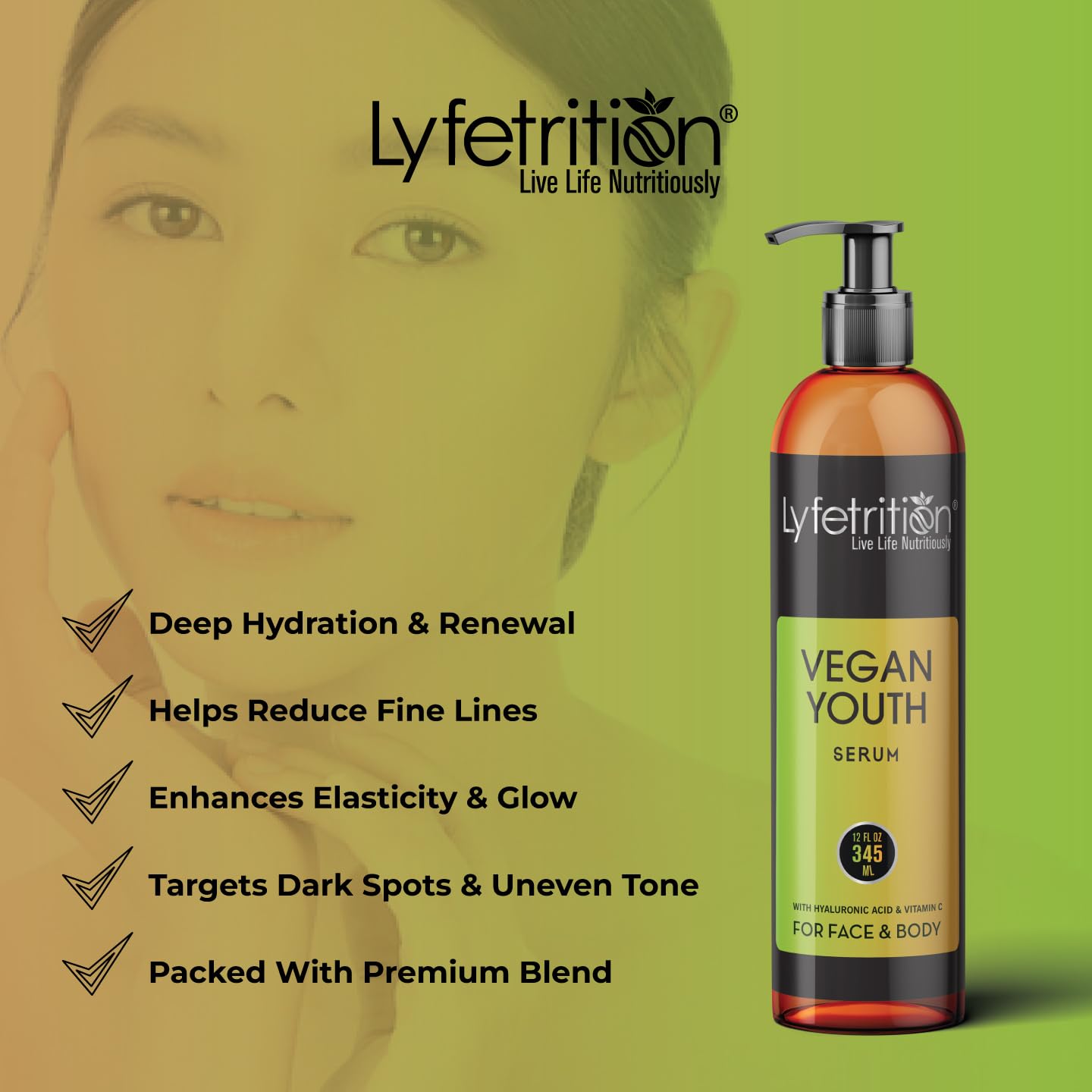 Lyfetrition Vegan Youth | 12 Fl oz Large Bottle | Anti-Aging And Wrinkle Serum | (Skin and Face Formula).