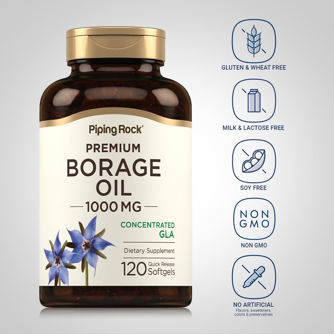 Piping Rock Borage Oil Supplement | 1000 mg Softgel Capsules | 120 Count | Cold Pressed | Hexane Free | Non-GMO, Gluten Free Supplement