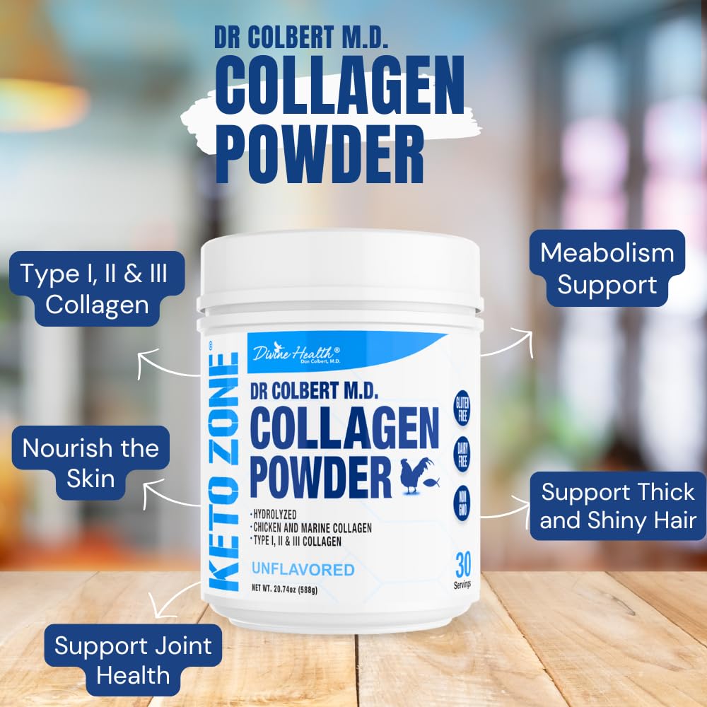 Divine Health Hydrolyzed Collagen Powder | Unflavored | Type I, II, III Chicken & Marine Collagen Peptides | Recommended in Dr. Colbert's Keto Zone Diet Book | Hair, Skin, Nails & Gut Health | 630g