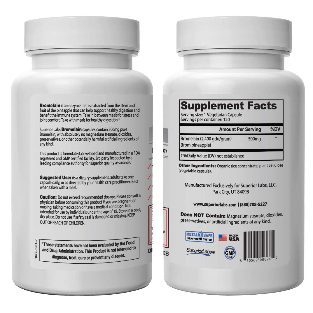Superior Labs – Bromelain 500mg Supplement – Non GMO,Bromelain Enzyme – 2,400 GDU/Gram – Supports Healthy Digestion, Inflammatory Response & Cardiovascular Health – 120 Vcaps