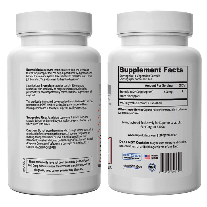 Superior Labs – Bromelain 500mg Supplement – Non GMO,Bromelain Enzyme – 2,400 GDU/Gram – Supports Healthy Digestion, Inflammatory Response & Cardiovascular Health – 120 Vcaps
