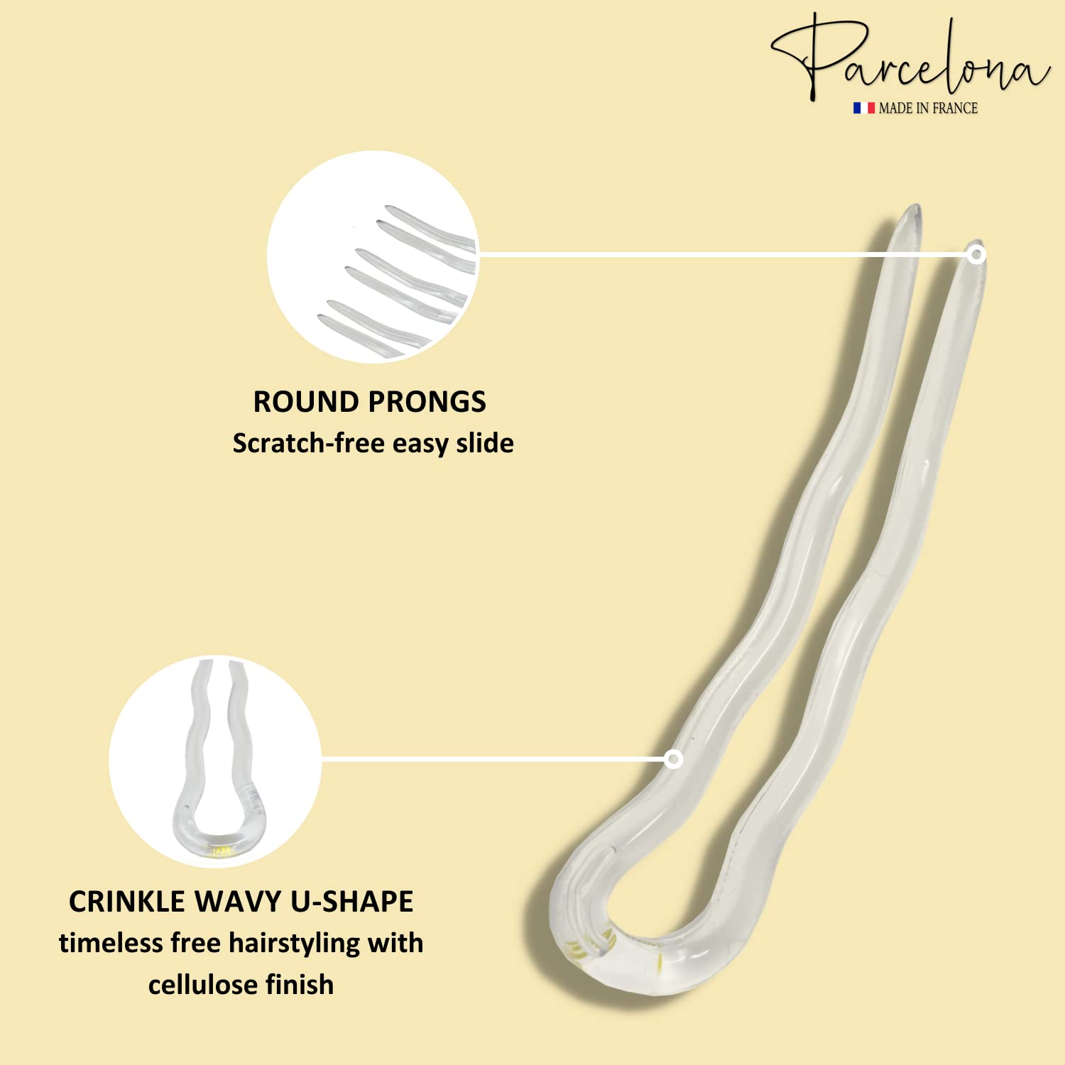 Parcelona French Mystic Crystal Clear Transparent 3 Inch Wavy Set of 3 Celluloid U Shaped Hair Pins for Hair Bun Style for Women and Girls Hair Styling Accessories, Made in France