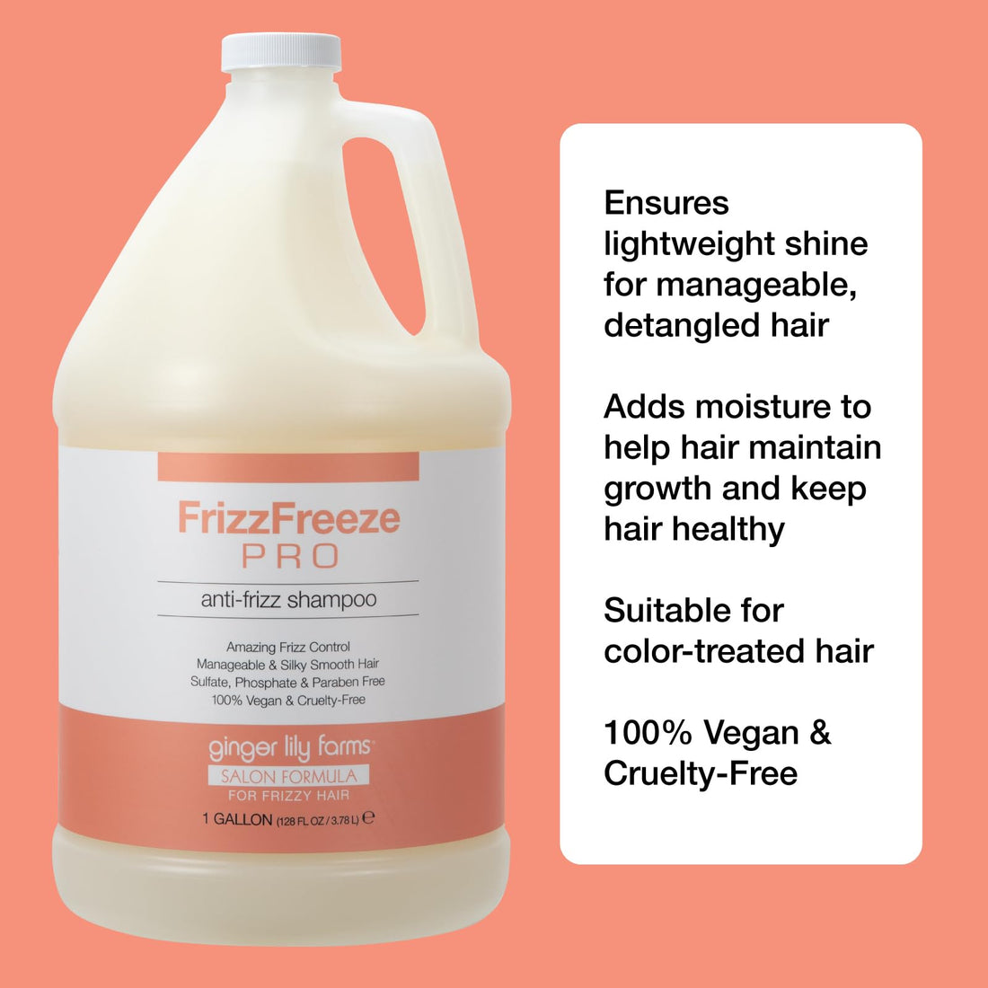 Ginger Lily Farms Salon Formula FrizzFreeze Pro Anti-Frizz Shampoo for Frizzy Hair, 100% Vegan & Cruelty-Free, 1 Gallon (128 fl oz) Refill