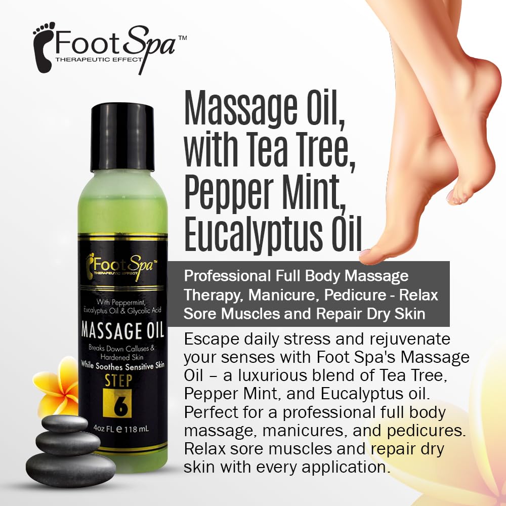 Foot SPA - Massage Oil, with Tea Tree, Pepper Mint, Eucalyptus Oil, 4 Oz - Professional Full Body Massage Therapy, Manicure, Pedicure - Relax Sore Muscles and Repair Dry Skin
