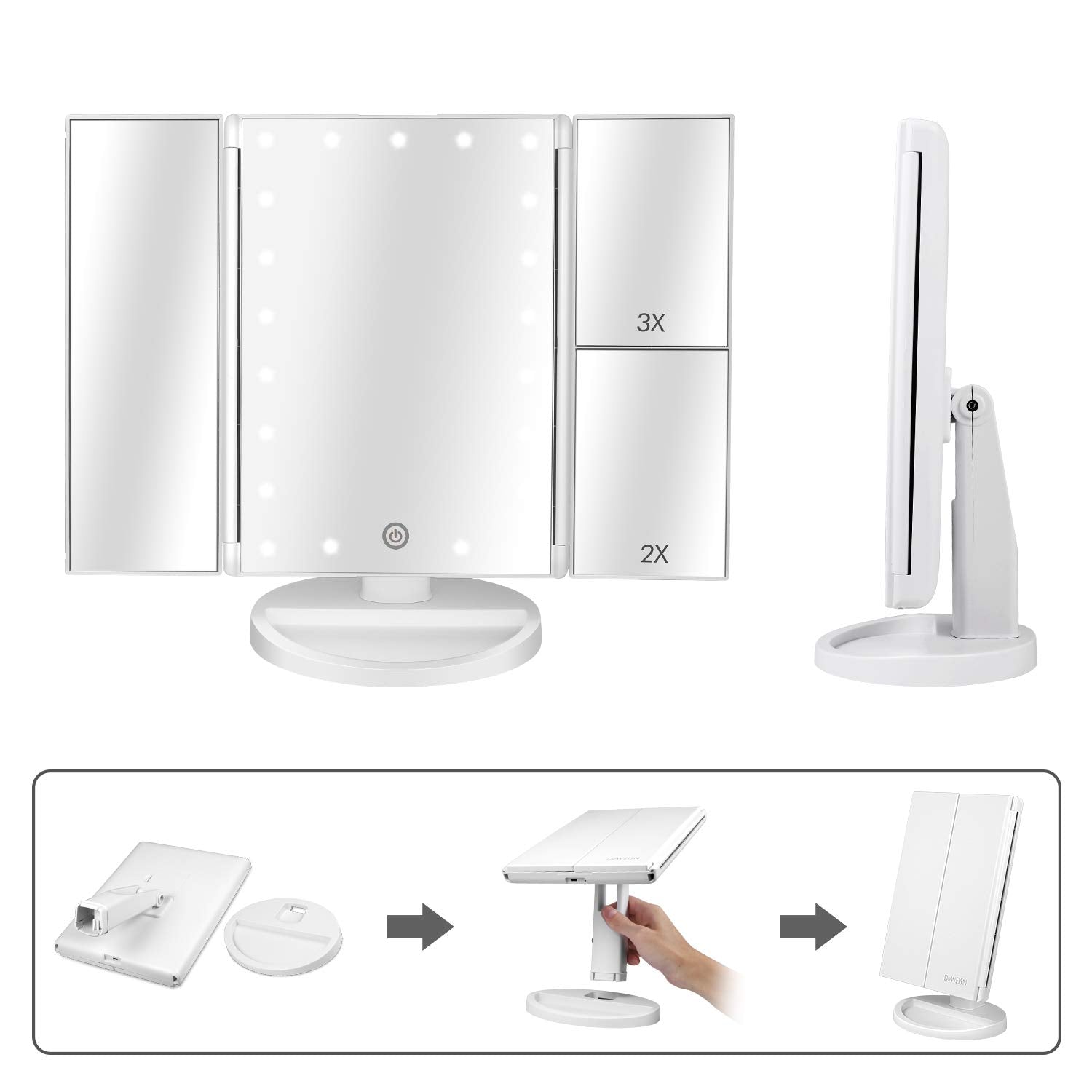 deweisn Floor Mount Tri-Fold Lighted Vanity Mirror with 21 LED Lights, Touch Screen and 3X/2X/1X Magnification, Two Power Supply Modes Make Up Mirror,Travel Mirror