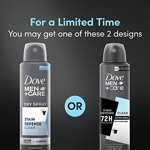 Dove Men+Care Antiperspirant Deodorant Stain Defense Clean Dry Spray For Men Anti-White Marks & Yellow Stains, 72-hour Sweat and Odor Protection with Triple Defense Technology 3.8 oz