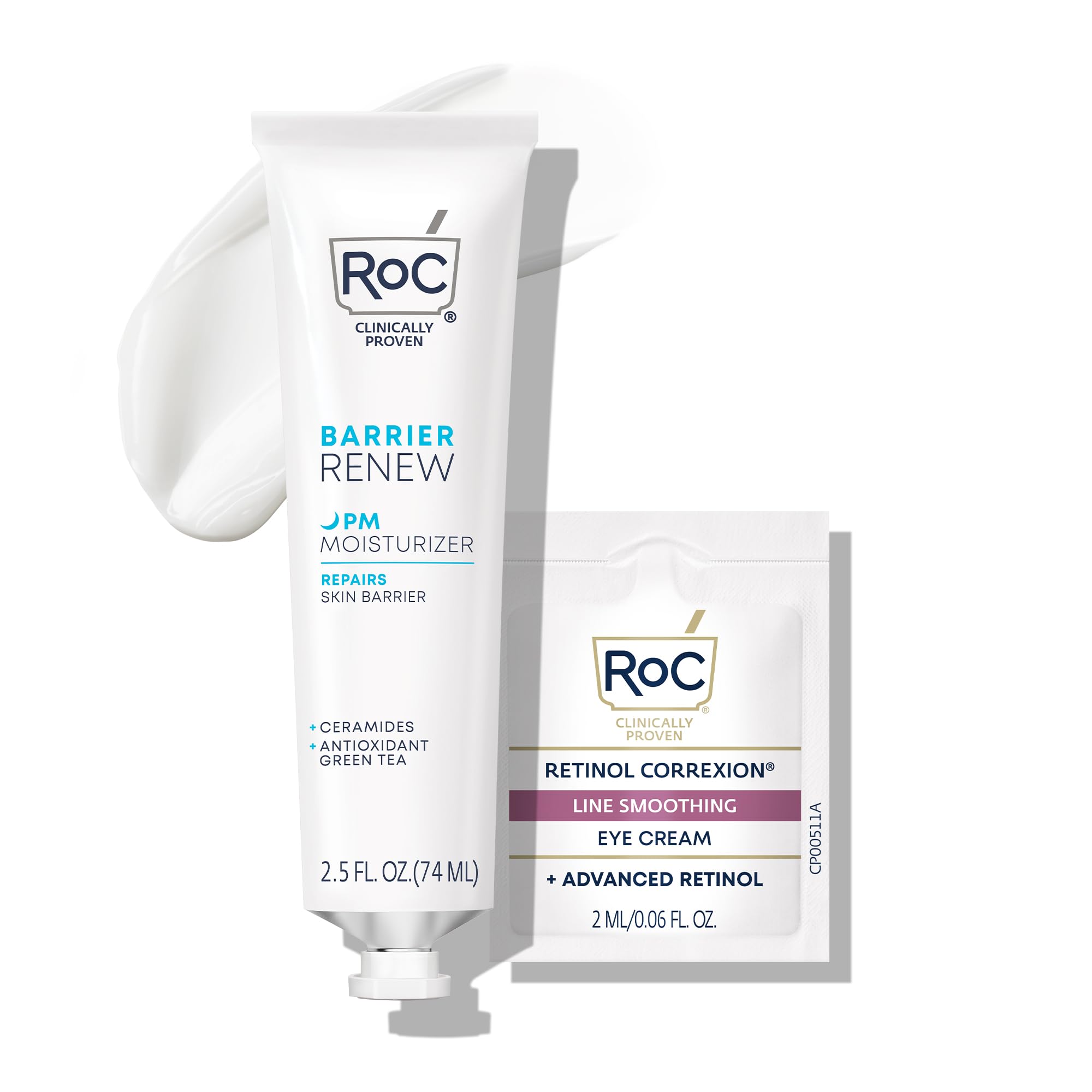RoC Barrier Renew Night Moisturizer with Ceramides & Antioxidant Green Tea and Lipo Peptides to Renew Skin Barrier, (2.5 oz) with Retinol Eye Cream Packette