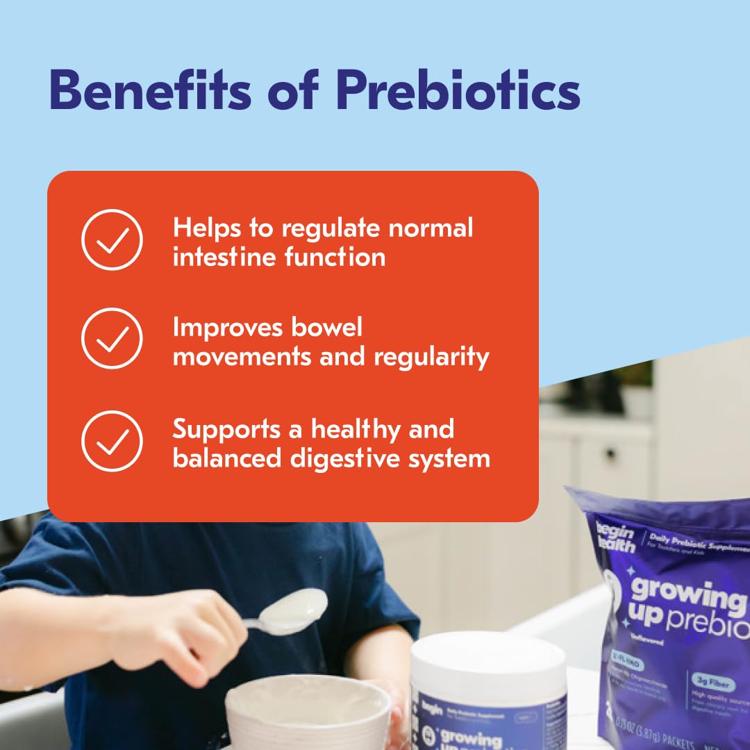 Begin Health Growing Up Prebiotics for Kids 28-Packs | Prebiotic Soluble Powder Stool Softeners and Digestive Gut Health Supplement | Ideal to Mix with Kids Daily Beverages and Soft Foods - Unflavored