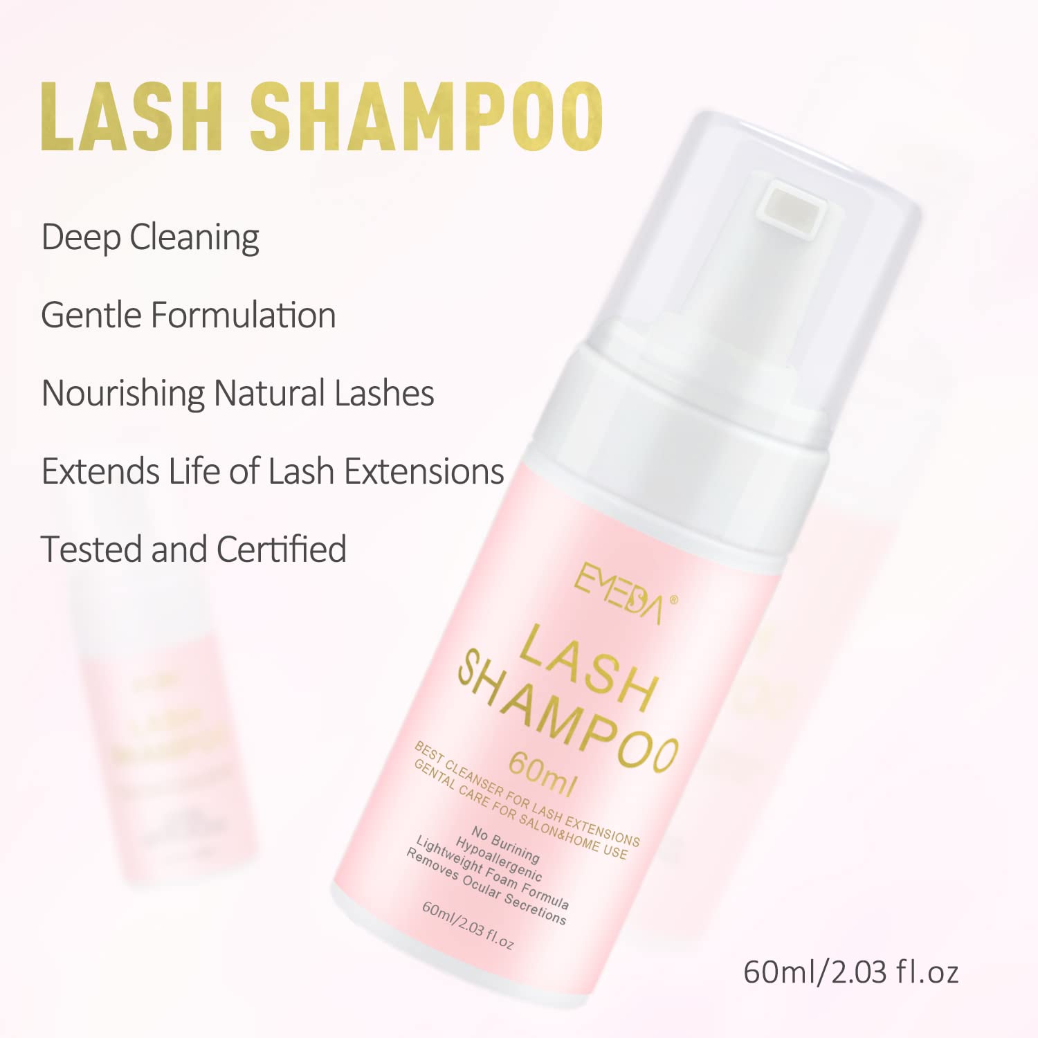 EMEDA Lash Shampoo for Lash Extensions 60ml / 2 fl.oz Eyelash Extension Cleanser Oil Free Foam Soap Lash Bath for Cluster Lashes Wash Oil Dustcare, Gentle Lash Cleaning Kit with Rinse Bottle Brush