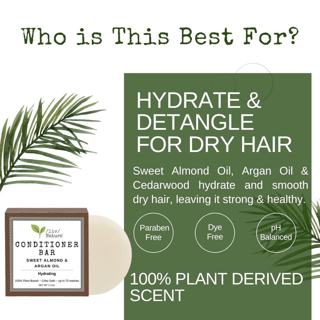 /liv/ Nature Conditioner Bar | Hydrating Conditioner Bar for Dry Hair | Argan Oil & Sweet Almond Oil | Travel Essential | USA 1-pk