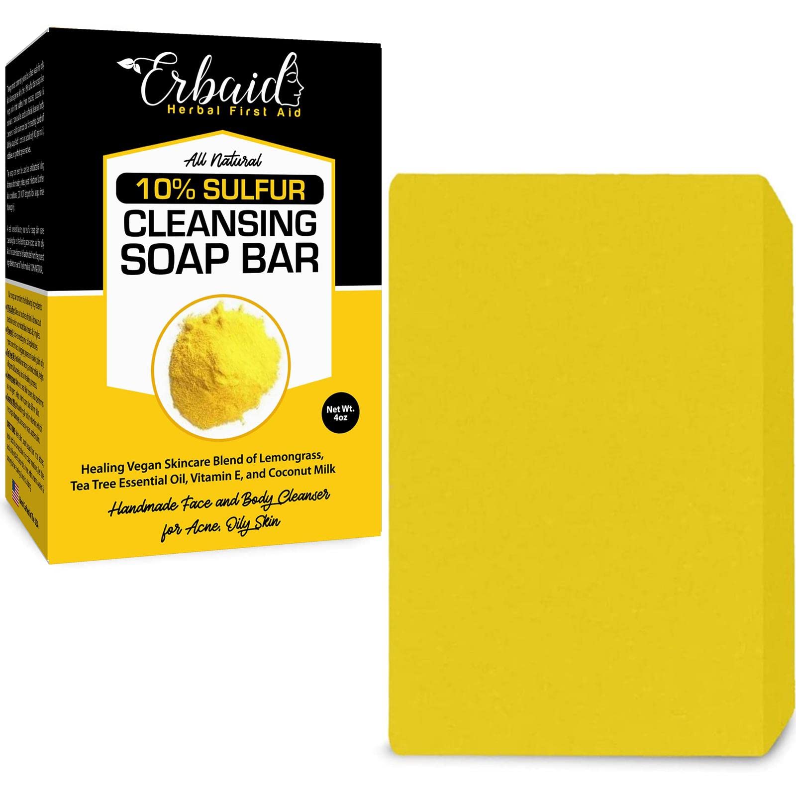 10% Sulfur Soap Cleansing Bar for Face & Body – All Natural Sulfur Facial Cleanser for Acne, Oily Skin – Skincare Blend of Lemongrass, Tea Tree Essential Oil, Vitamin E, Coconut Milk – Made in USA
