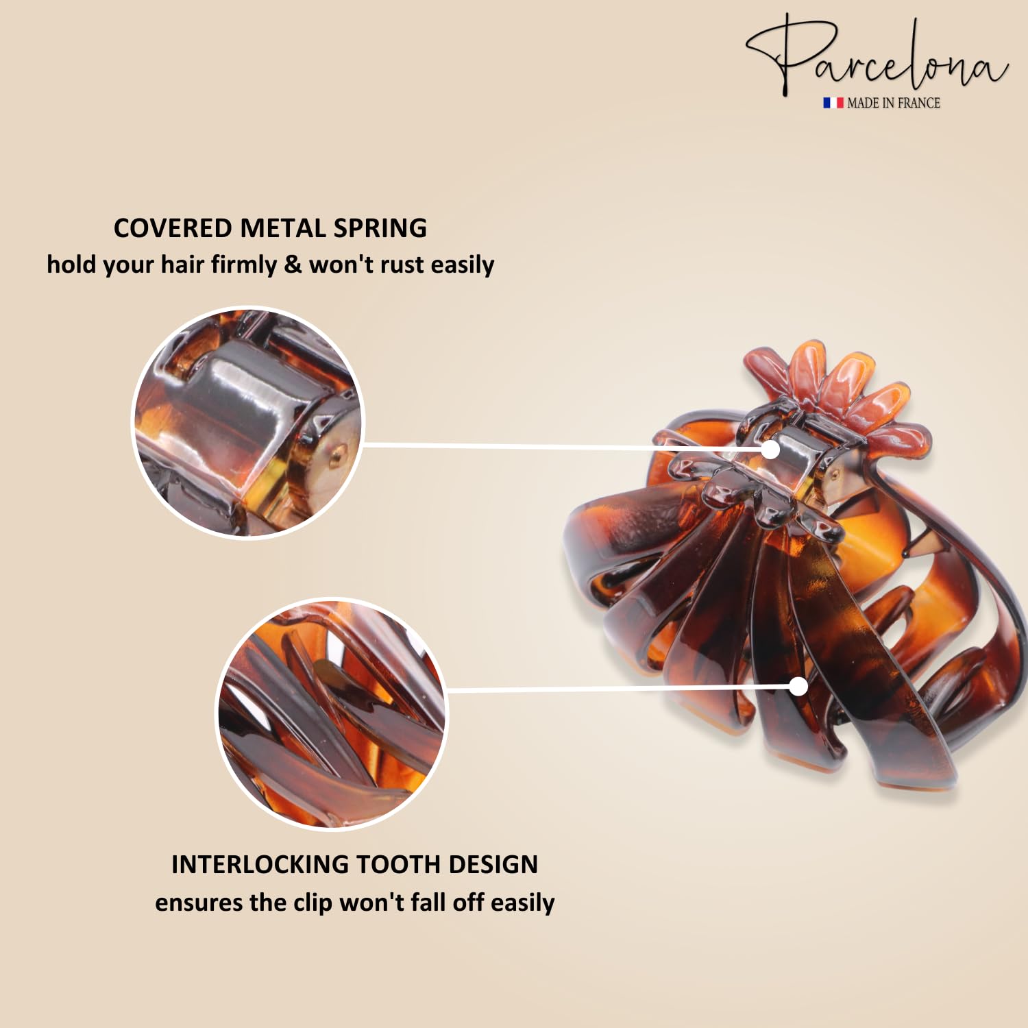 Parcelona French Fleur Large Wide Inside Teeth Celluloid Tortoise Shell Jaw Hair Claw Clip Clutcher Clamp