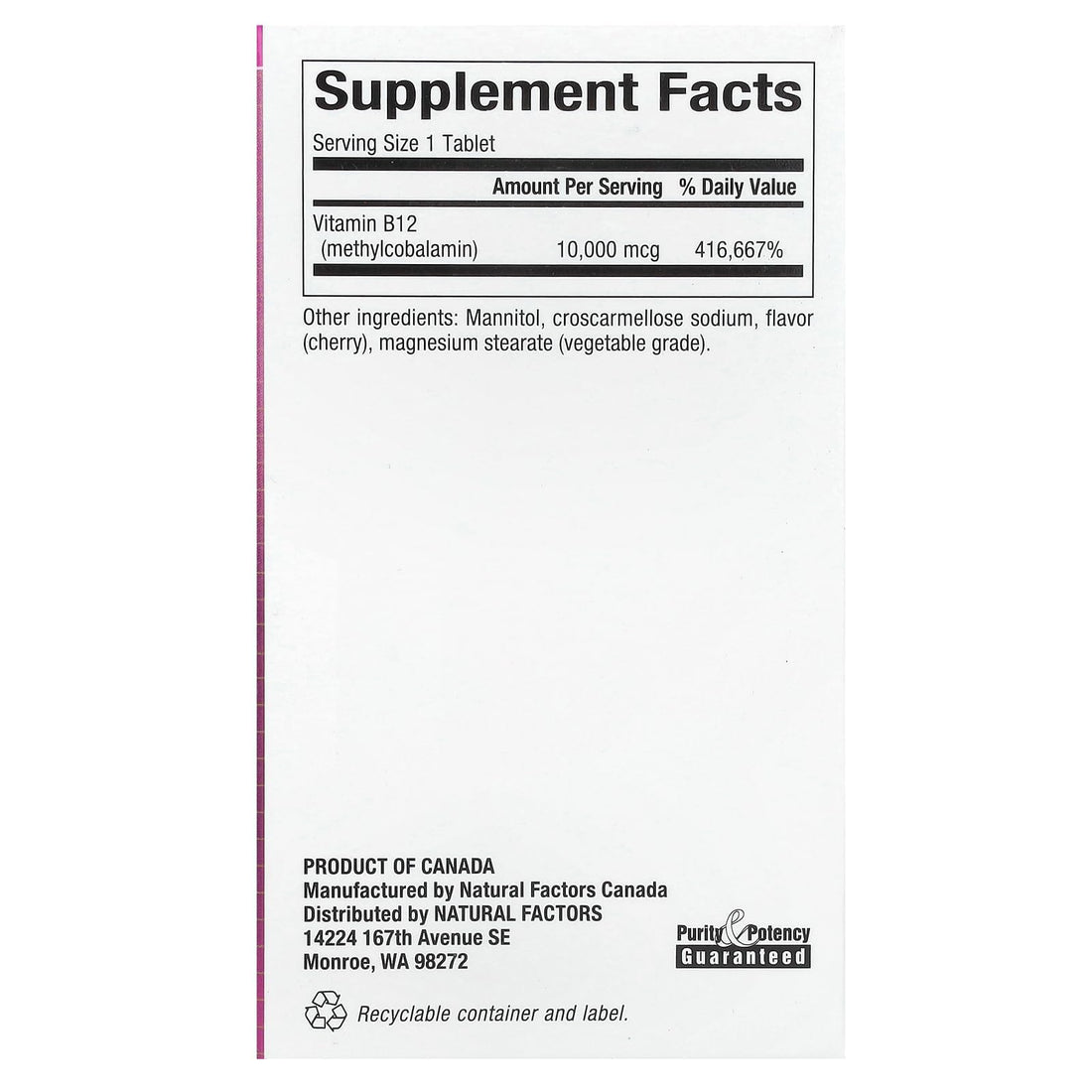 Natural Factors B12 Methylcobalamin, 10,000 mcg, Cherry, 30 Chewable Tablets