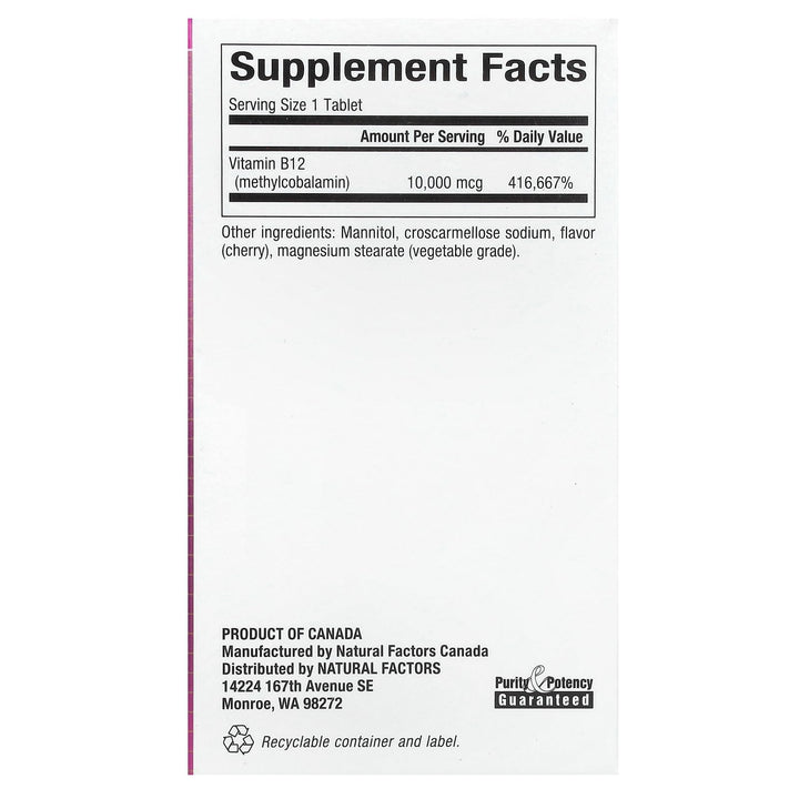 Natural Factors B12 Methylcobalamin, 10,000 mcg, Cherry, 30 Chewable Tablets