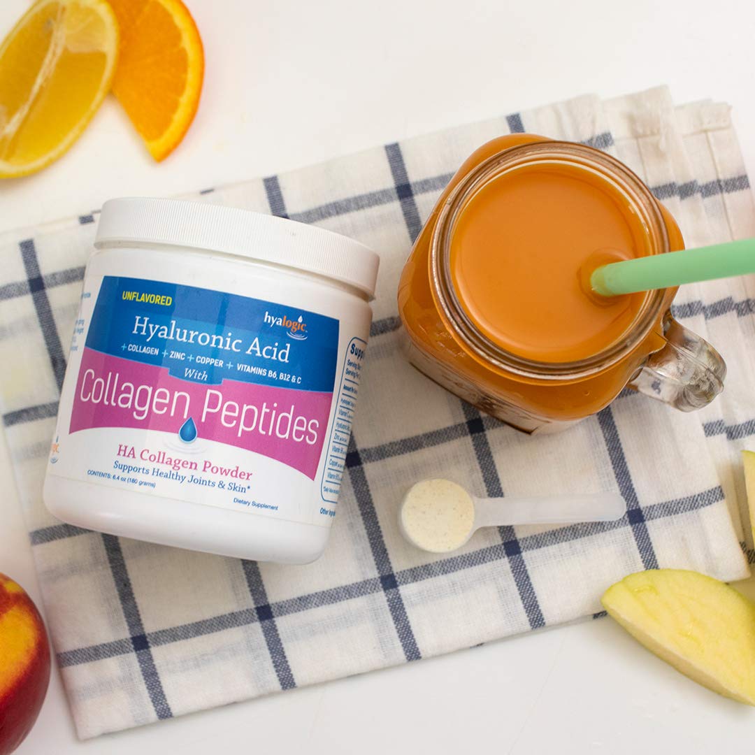 Hyalogic Collagen Peptides Powder w/Hyaluronic Acid, Hydrolyzed Types 1 & 3, Grass Fed, Keto Protein Powder Supplement for Hair Growth, Skin, Nails, Joints Unflavored Easy to Mix 6.4 oz (180 gr.)