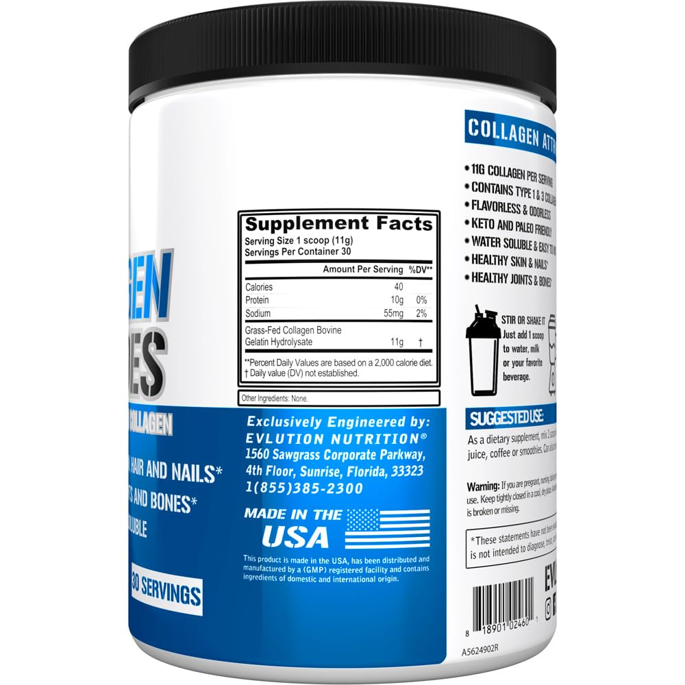 Evlution Nutrition Collagen Peptides Powder, Premium Hydrolyzed Collagen to Support Healthy Skin, Hair, Bones, Joints, Nails & More (30 Servings)