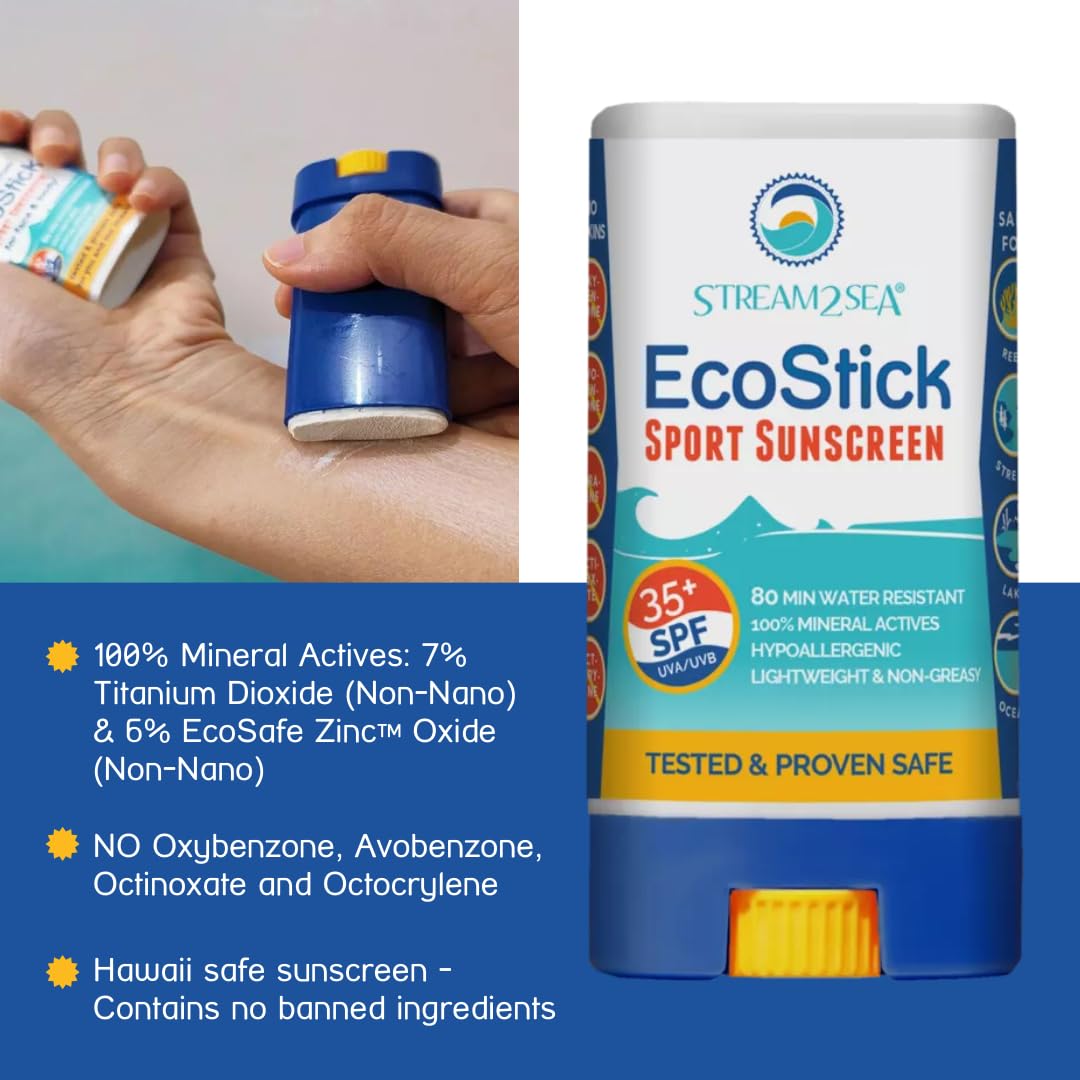 Stream2Sea EcoStick SPF 35 Mineral Sunscreen Stick | Sweat & Water Resistant Sunblock | USDA Approved Biodegradable & Reef Safe Sunscreen Protection Against UVA UVB (EcoStick Sport)