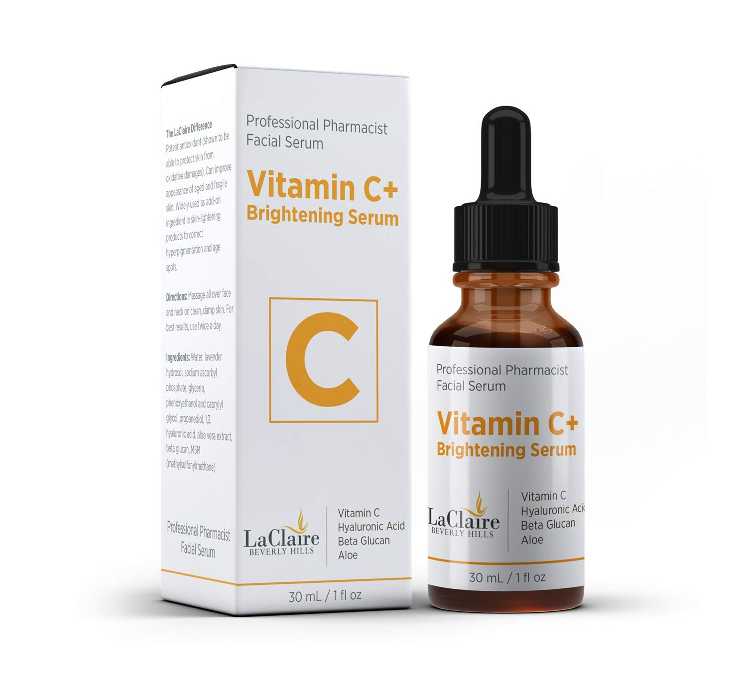 LaClaire Vitamin C+ brightening serum for face, with Hyaluronic acid, Made in the USA