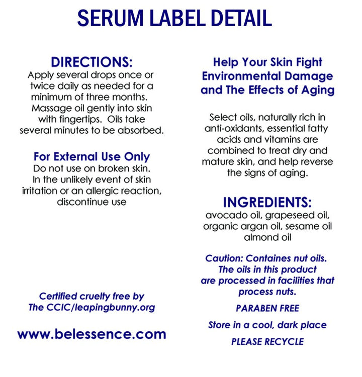 Bel Essence Organic Anti-Wrinkle Oil Treatment Anti-Oxidant Serum Formula with Argan, Avocado, Grapeseed, Sesame & Almond No Additives, No Preservatives 2 fl. oz / 60ml