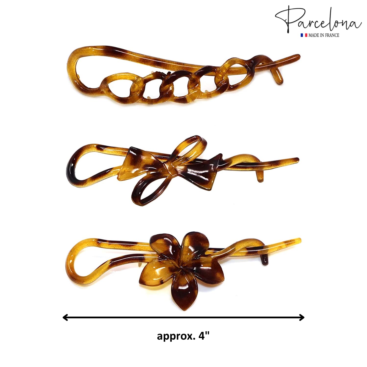 Parcelona French Twist n Clip Flower, Bow and Chain Savana Celluloid Acetate Set of 3 Metal Free Hair Clip Barrettes