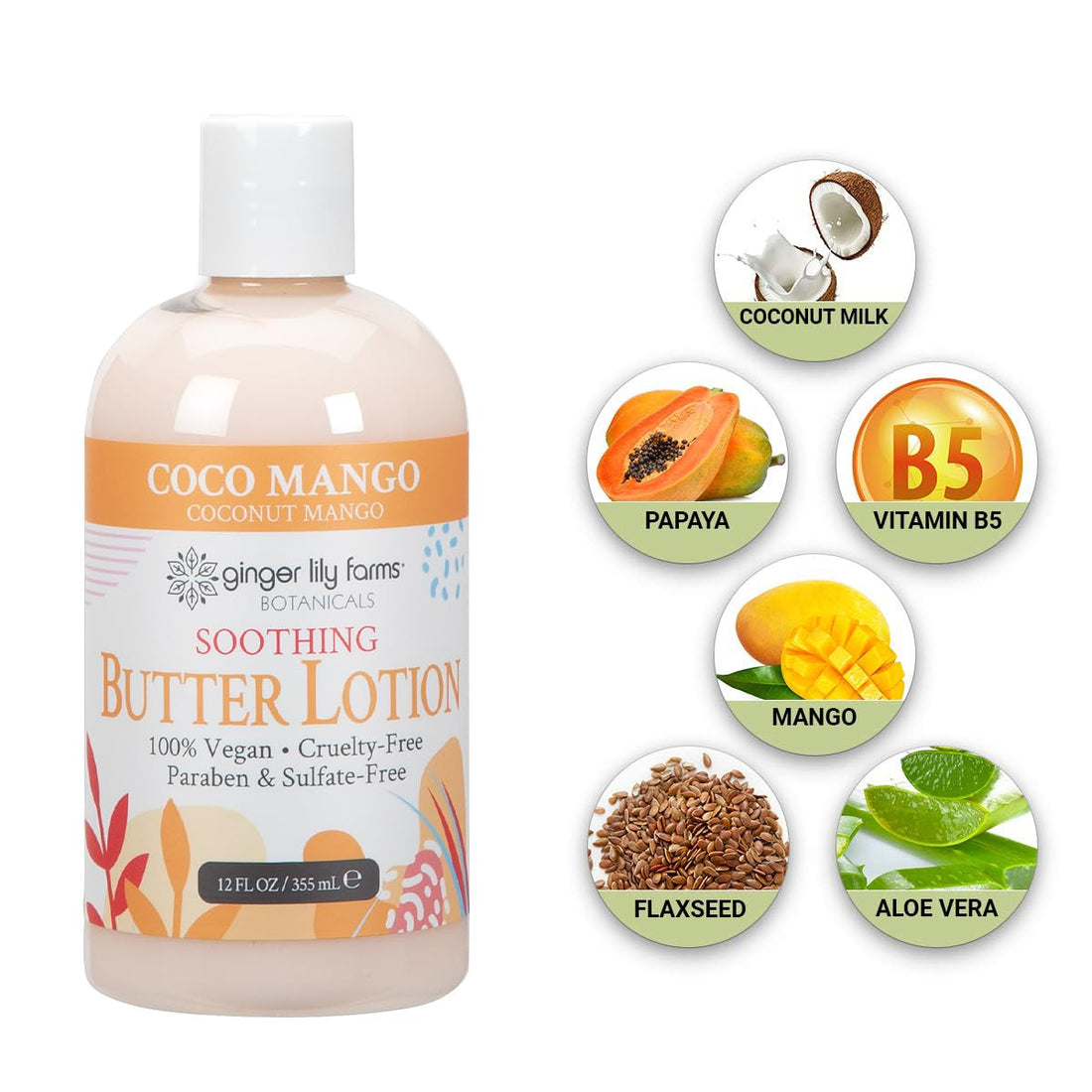 Ginger Lily Farms Botanicals Soothing Butter Lotion for Dry Skin, Coco Mango, 100% Vegan & Cruelty-Free, Coconut Mango Scent, 12 Fl Oz