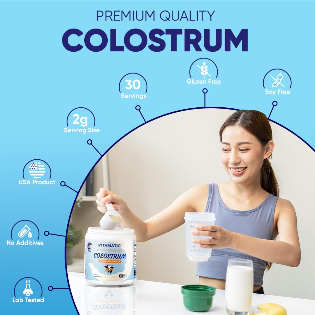 Vitamatic Bovine Colostrum Powder - Supplement for Gut Health, Hair Growth, Beauty, Muscle Recovery, & Immune Support - Easy to Mix - 30 Servings (Unflavored) (30 Servings, Unflavored)