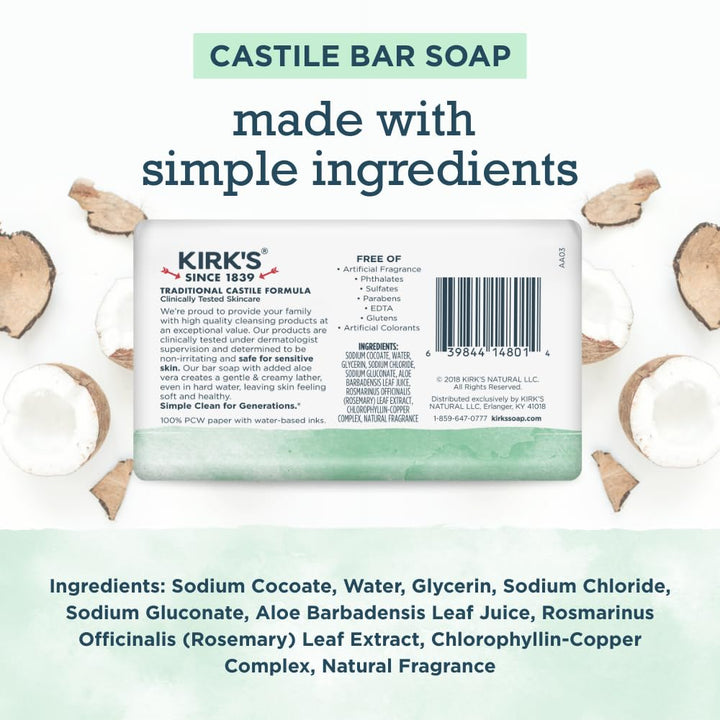 Kirk's Castile Bar Soap for Men, Women & Children - Made with Premium Coconut Oil, Sensitive Skin Formula, Vegan, Non GMO, Aloe Vera, 4 oz. Bars 6 Pack