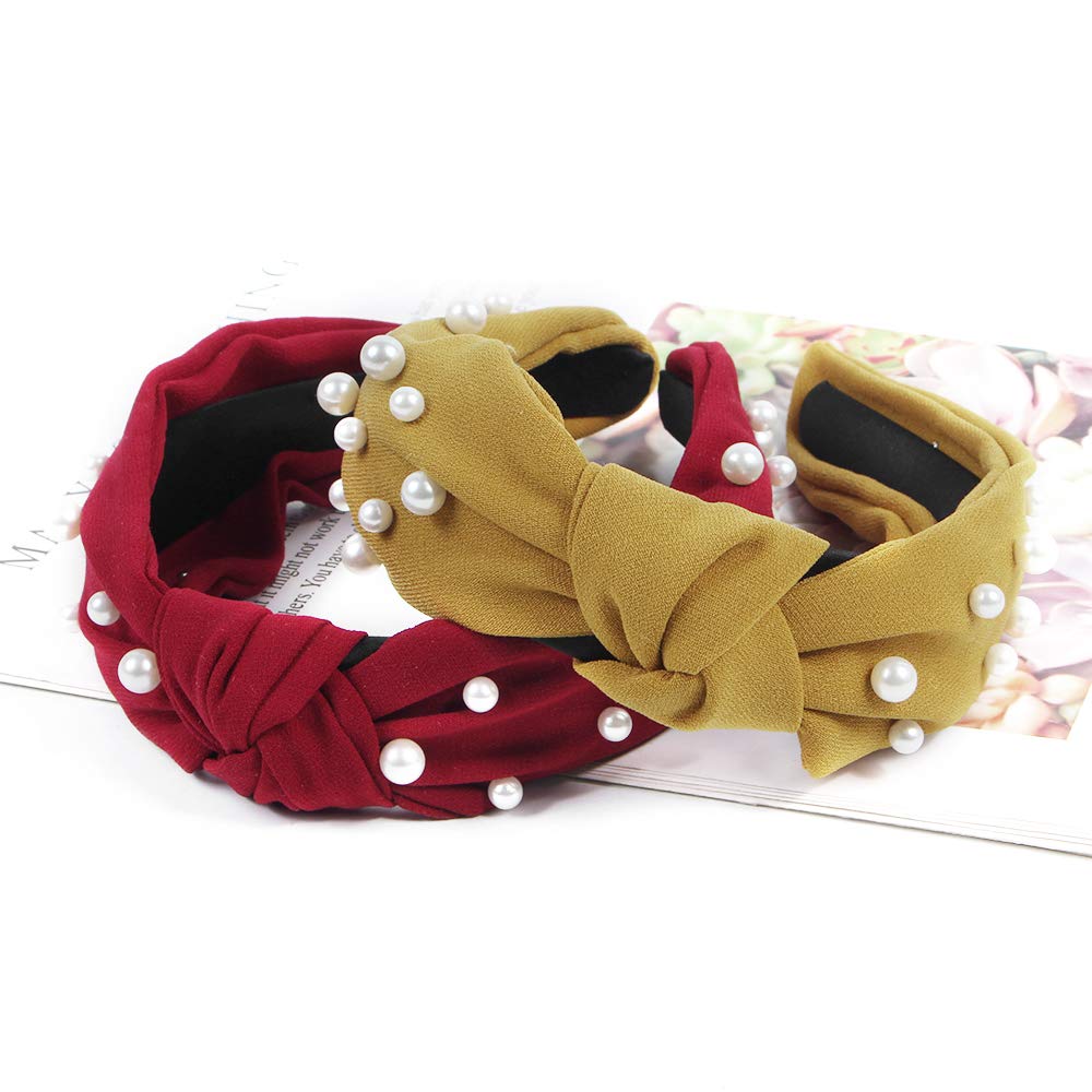 Headbands Women Hair Head Bands - 6 Pcs Pearl Knotted Head Bands Cute Velvet Top Knot Turban Hairbands Fashion Girls Vintage Boho Beauty Wide headbands For Wash Face Makeup Fashion Hair Accessories