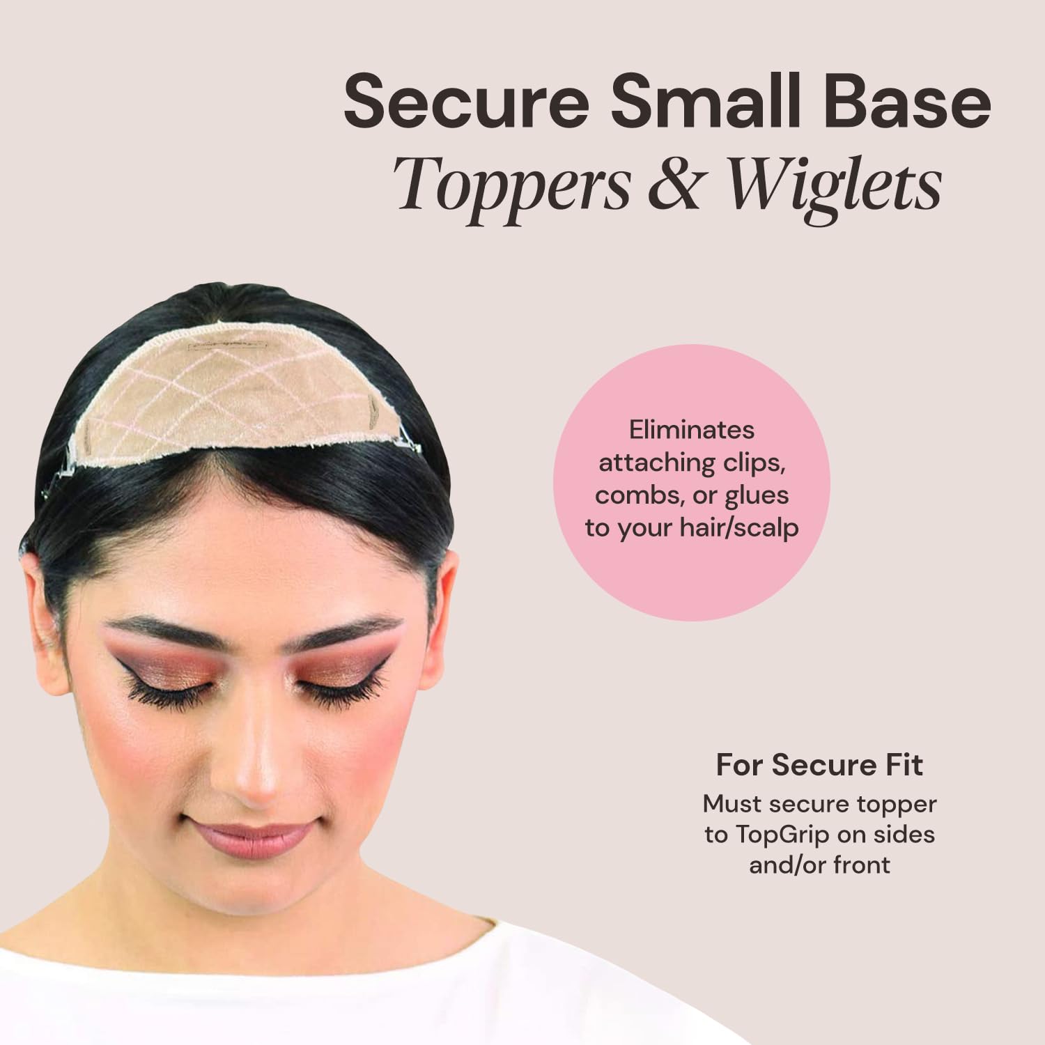 MILANO COLLECTION TopGrip Comfort Band for Small Base Toppers, Adjustable Translucent Strap, Side Openings to Secure Your Wig or Topper, Includes Clips, Beige, Small