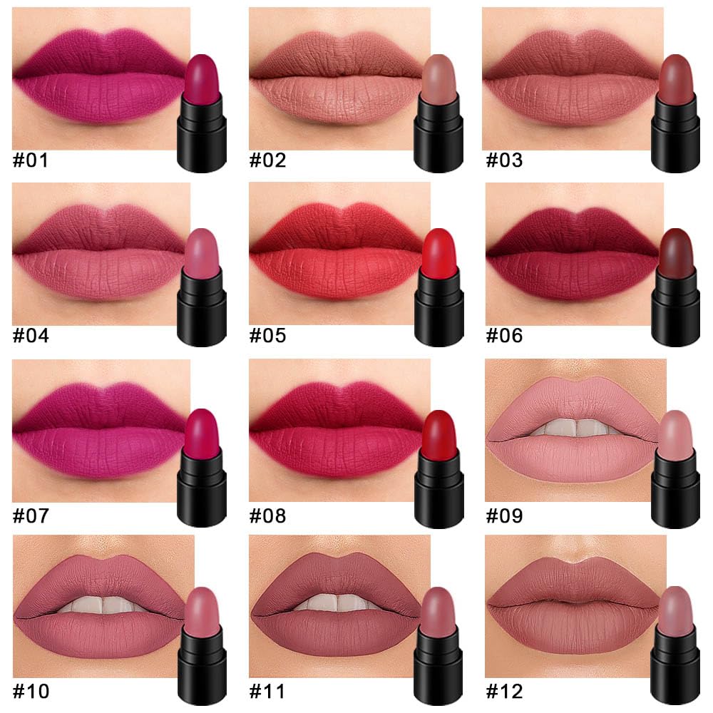 EVPCT 12Pcs Mini Pills Lipstick Capsule Set for Women - Waterproof Long Lasting Matte Small Magic Permanent 24 Hour Lipstick - Dark Ruby Plum Rose Red Nude Pink Mauve Taupe Brown Bulk Samples 01