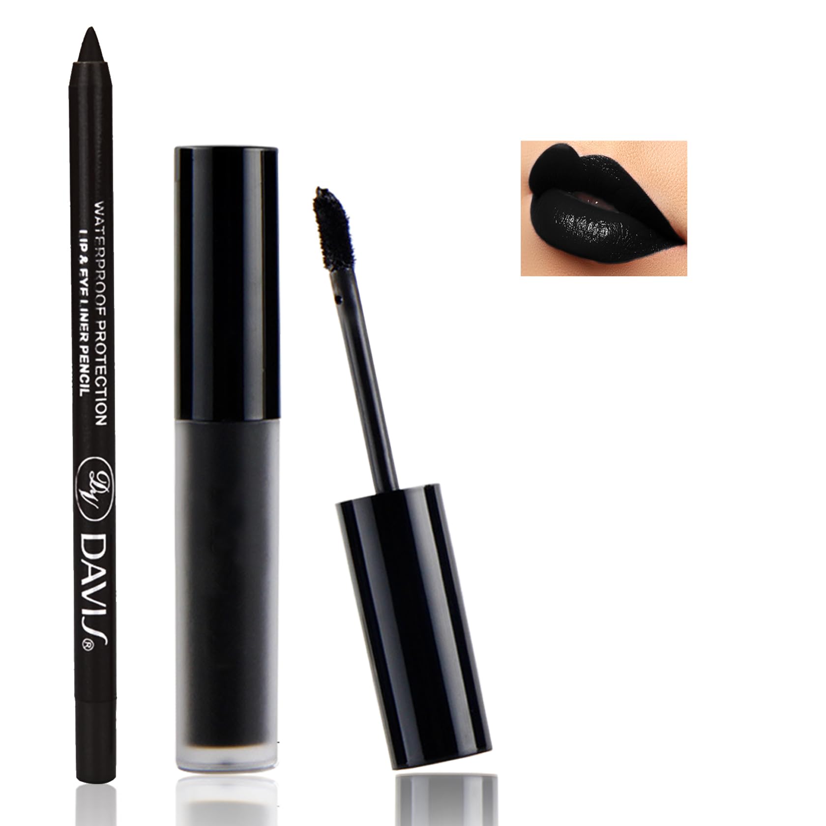 QIUFSSE Black Matte Lipstick and Lip Liner Pencil Set - Liquid Lipstick, Long-lasting, Suitable for Halloween, Goth Cosplay Makeup