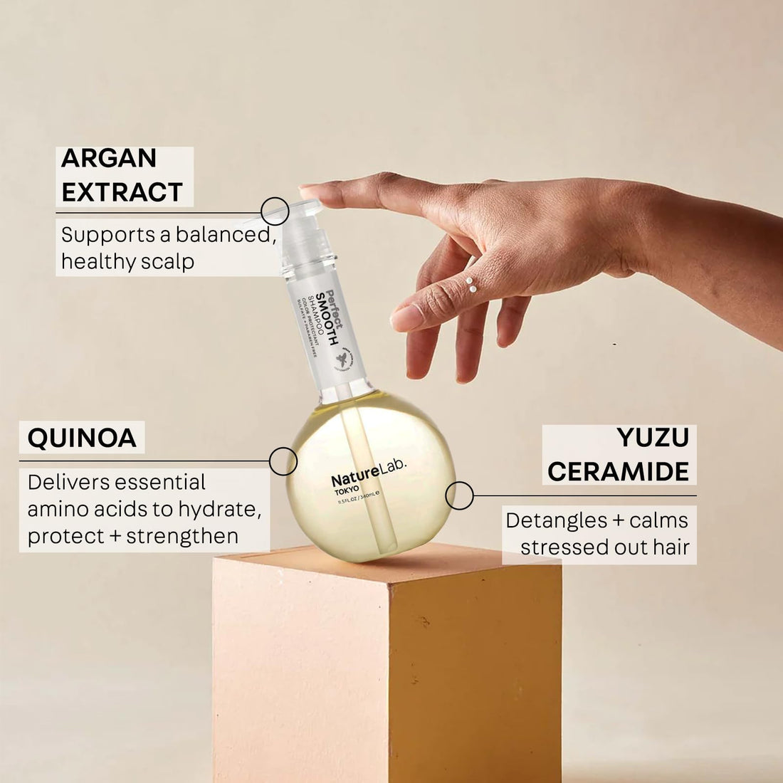 NatureLab Perfect Smooth Hair Shampoo - Moisturizing Shampoo for Dry + Frizzy Hair with Argan, Baobab, Marula Stem Cells + Yuzu Ceramide - Cruelty, Sulfate-Free Shampoo (11.5 fl oz/340 ml)