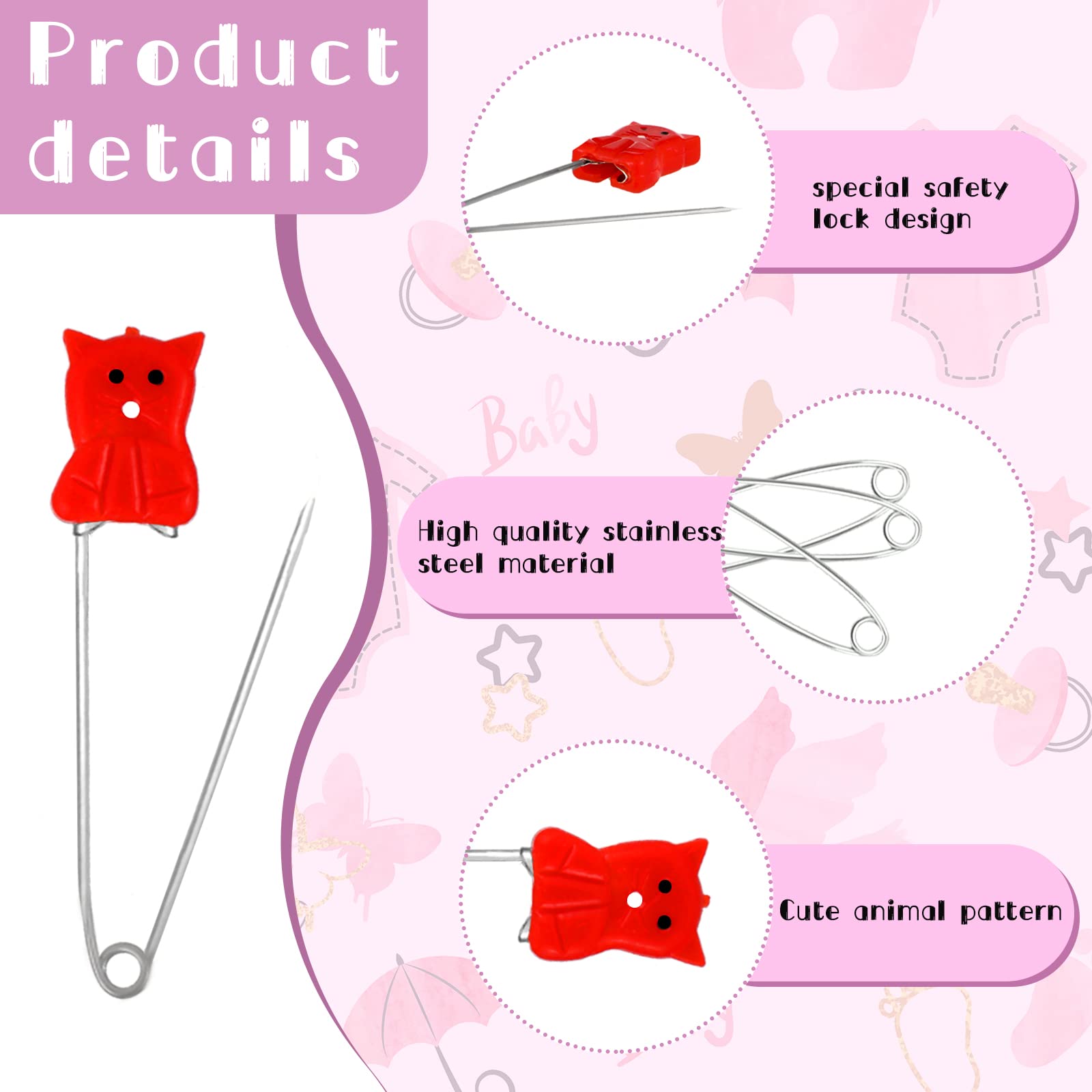 30 pcs Baby Safety Diaper Pin with Plastic Head Animal Pattern 2.4 Inch Secure Clips for Fastening Baby Clothes Diaper Napkins Stainless Steel Kids Newborn Safety Pin with Lock Buckle, Random Patterns